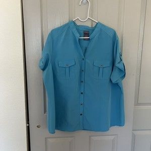 LAURA SCOTT Woman Plus Size 20/22W Blue Short Sleeves Pockets Button Front